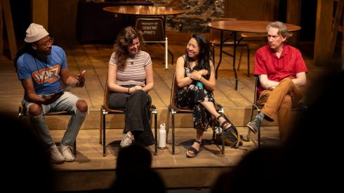 Theater reporter Mike Davis (left) moderates a WBEZ Theater Club panel discussion following a performance of playwright Hanna Kime’s “The Targeted” at Chopin Theater in Wicker Park on the North Side, Sunday, June 7, 2026. From left: Davis, Kime, Stephanie Shum and Lawrence Grimm.