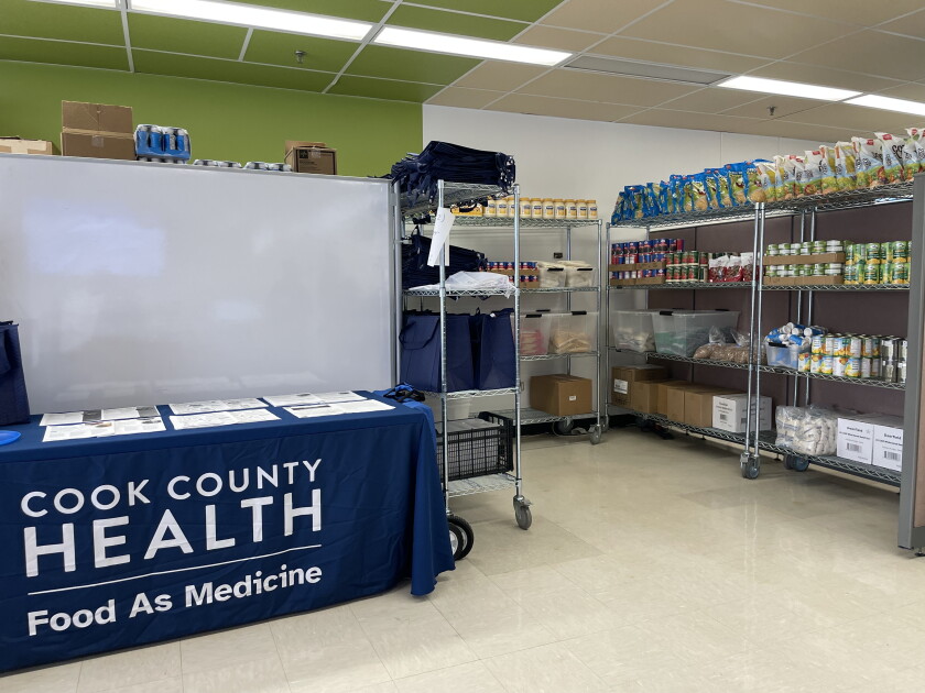 A food pantry at Provident Hospital of Cook County Health where patients can access staples like black beans, eggs and oats.