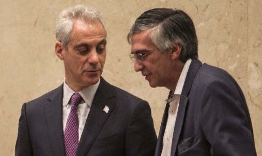 Ald. Ricardo Munoz (22nd) (right) said Mayor Rahm Emanuel (left) included tree planting in his spending plan knowing he could get rid of it to help reach a compromise on how to spend leftover property tax rebate money. | Sun-Times file photo