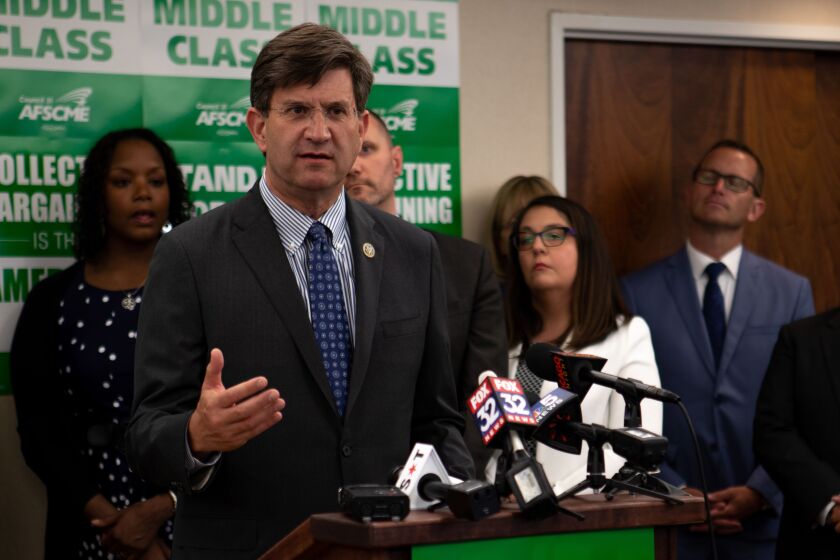 Congressman Brad Schneider of the 10th District, who is endorsed, speaking at a news conference on the repercussions of the Supreme Court decision in Janus v. AFSCME Council 31. I Maria de la Guardia/Sun-Times