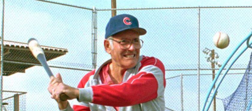 Cubs coach Jimmy Piersall hits grounders to Cactus League players at their spring-training complex Friday, Feb. 17, 1995, in Mesa, Ariz. (AP)