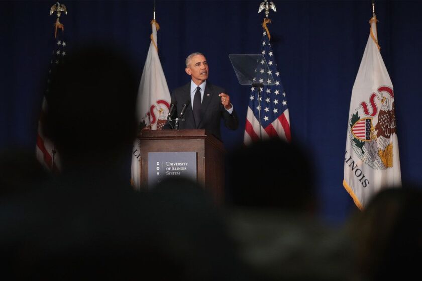 Former President Barack Obama speaks to students at the University of Illinois. | Photo by Scott Olson/Getty Images