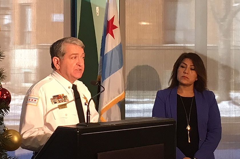 Chicago Police Cmdr. Marc Buslik (left) and Rosa Escareno, commissioner of the city department of Business Affairs and Consumer Protection, at a news conference Wednesday to discuss ongoing enforcement of tougher city rules governing party buses. | Mauree