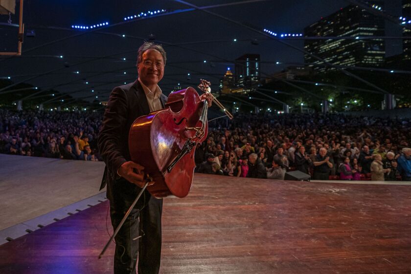 Yo
-
Yo Ma on stage following the free Bach Project concert at Pritzker Pavilion in Millennium Park in June 2019 presented by the Chicago Symphony Orchestra Association in partnership with the City of Chicago’s Department of Cultural Affairs and Special Events.
