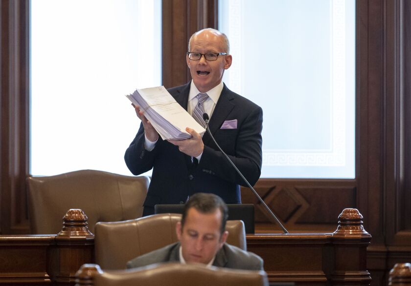 State Senate President Don Harmon, D-Oak Park, speaks on the floor of the Illinois Senate in 2021.