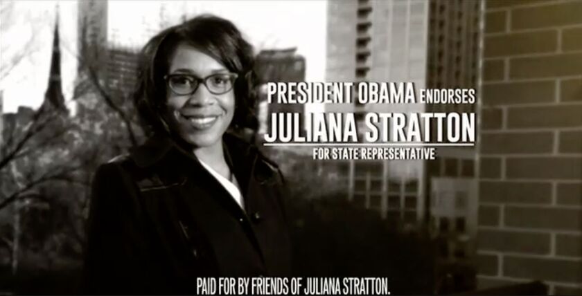 President Obama has recorded a radio ad and narrates a TV spot for Juliana Stratton in her Illinois House race against incumbent Ken Dunkin. | Screenshot