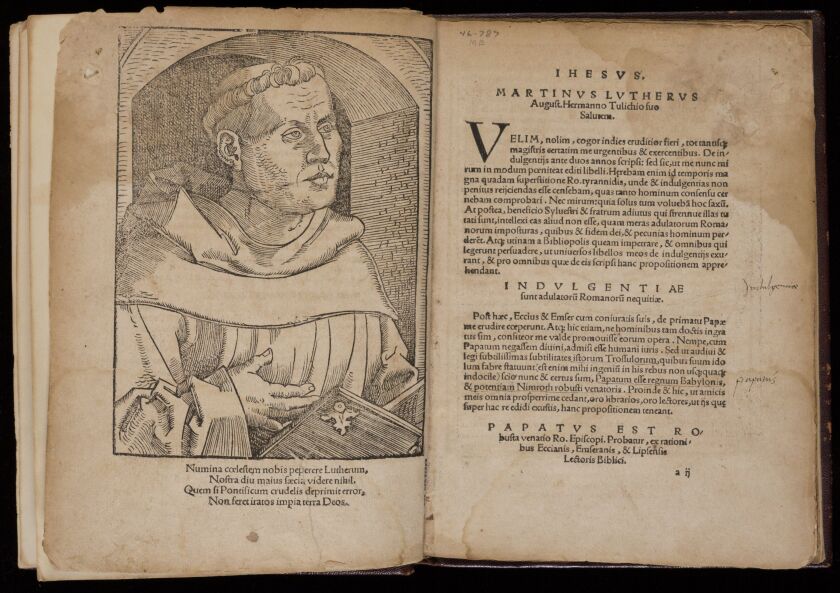 Martin Luther became famous after his Ninety-Five Theses were made public in 1517, which explains his prominent portrait on the title page of his 1520, “De captivitate Babylonica ecclesiae,” or “The Babylonian Captivity of the Church.” | Courtesy of the N