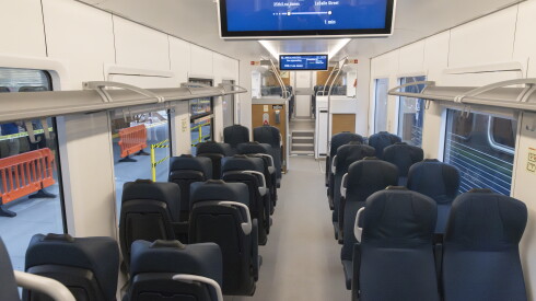 The seating area in a new battery-powered passenger train that Metra plans to put in use starting as soon as 2028.