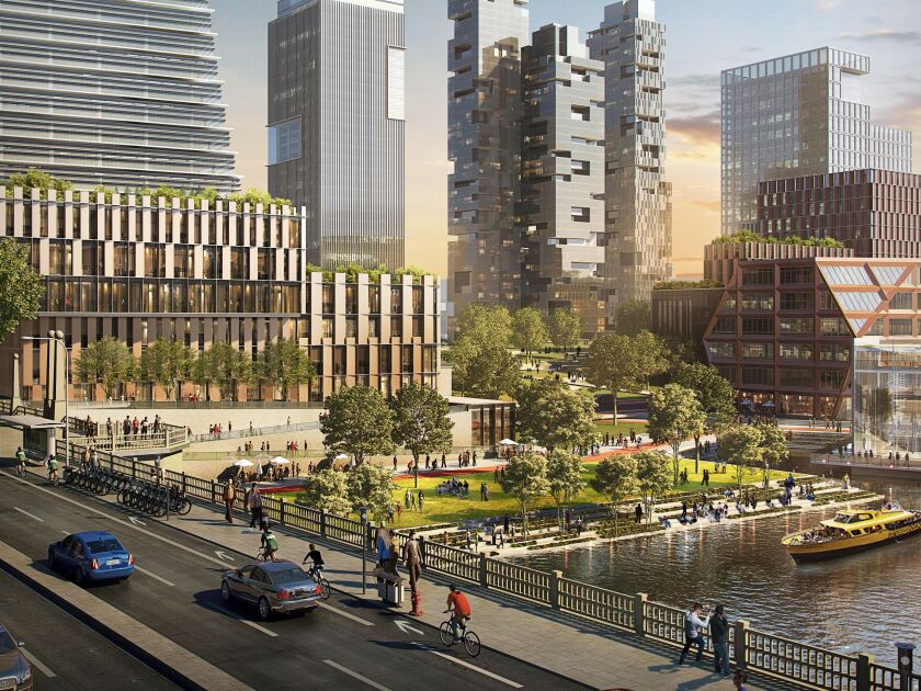 A rendering shows some of the proposed development of “The 78” — Roosevelt Road looking south. | Rendering courtesy of Related Midwest