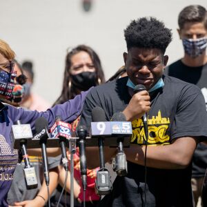 Derion Smith, a close friend of Caleb Reed, speaks about the death of Reed, an activist who was fatally shot in West Rogers Park Friday July 31, 2020, during a press conference outside Mather High School Tuesday afternoon August 4, 2020. The 17-year-old youth activist advocated for the removal of police in Chicago Public Schools.