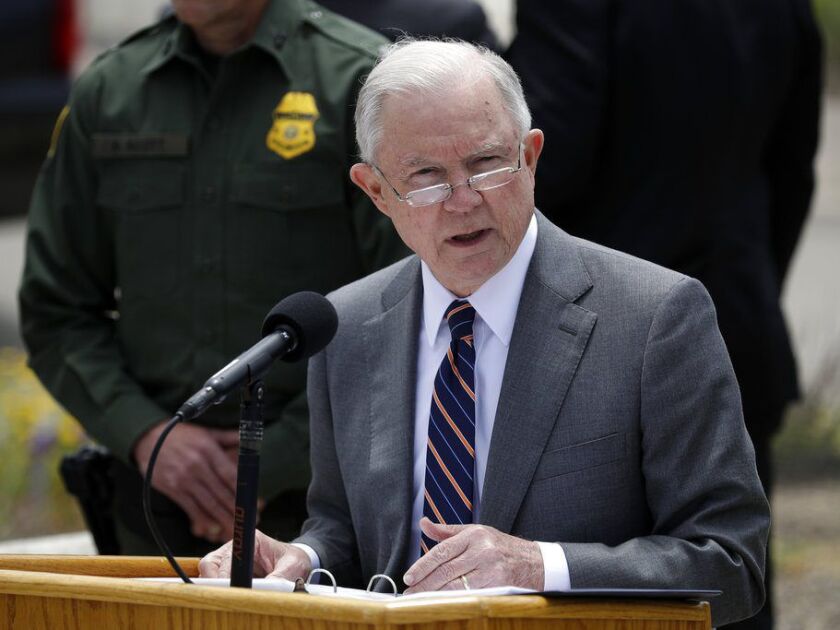 Attorney General Jeff Sessions speaks during a news conference near the border with Tijuana, Mexico, Monday, May 7, 2018, in San Diego. Sessions discussed immigration enforcement during his Southern California visit Monday. (AP Photo/Gregory Bull)