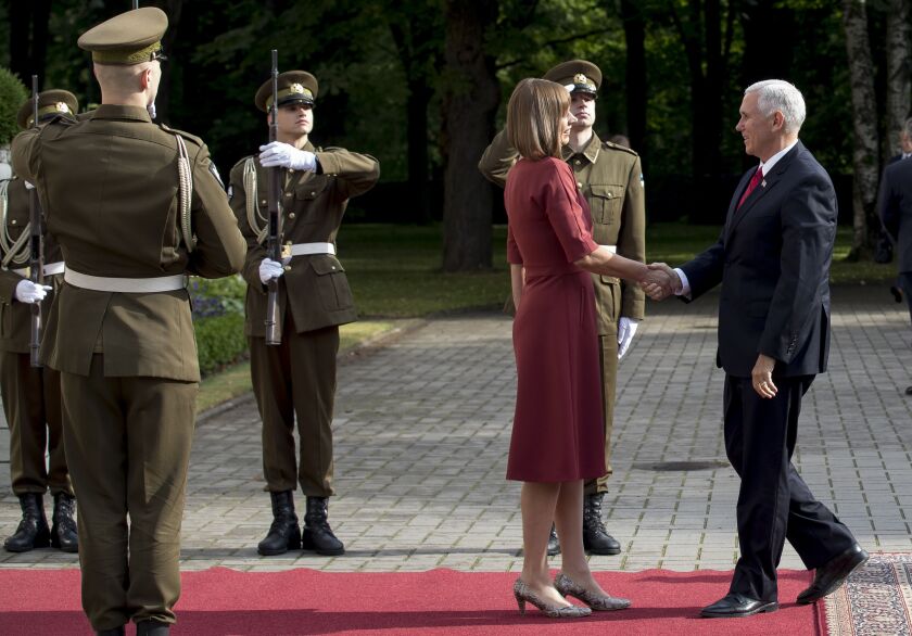 U.S. Vice President Mike Pence is greeted by Estonia’s President Kersti Kaljulaid prior to their meeting at the Kadriorg Palace in Tallinn, Estonia on Monday. Pence is visiting Estonia to meet the leaders of Estonia, Latvia and Lithuania to underscore Ame