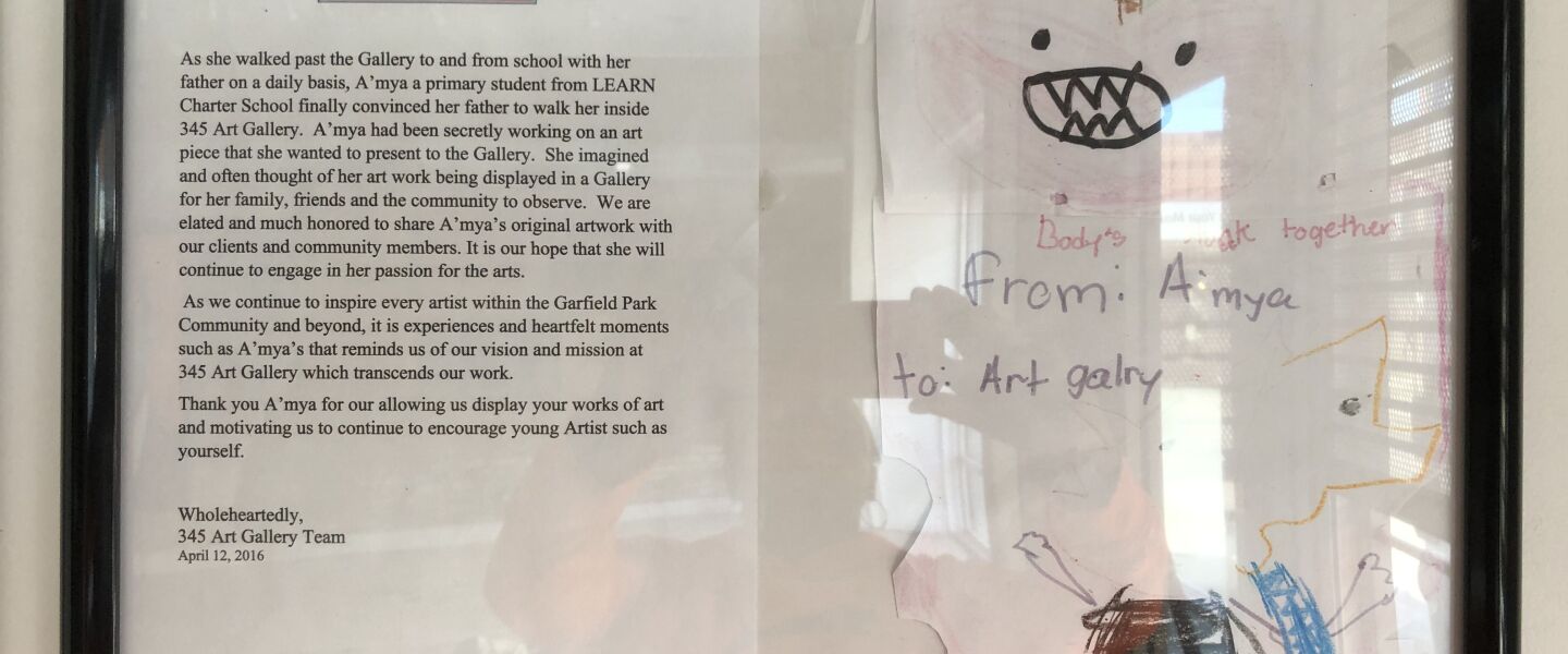 A’mya walked past the 345 Art Gallery every day during construction. Now, her artwork is a fixture of the gallery.