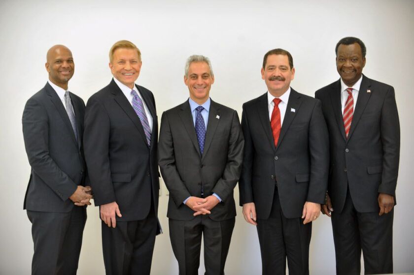 <small><strong>The Chicago Sun-Times Editorial Board met with the five mayoral candidates: William “Dock” Walls, Bob Fioretti, Rahm Emanuel, Jesus “Chuy” Garcia and Willie Wilson. | Al Podgorski/Sun-Times Media</strong></small>