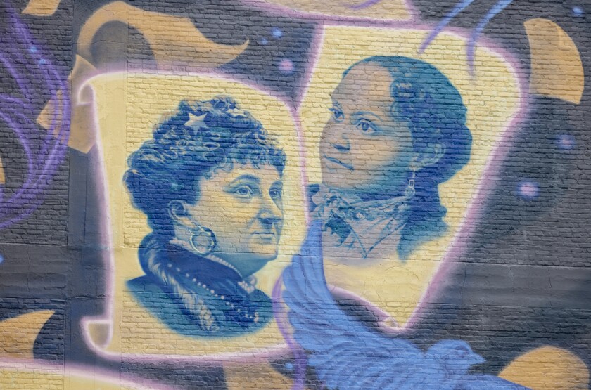 Suffragists Myra Bradwell and Fannie Barrier Williams are depicted in the “On the Wings of Change” mural in the Loop.
