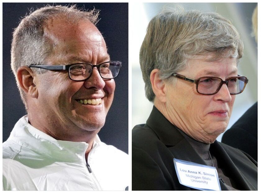 Michigan State athletics director Mark Hollis (left) and former university President Lou Anna K. Simon, who resigned earlier this week. | Associated Press
