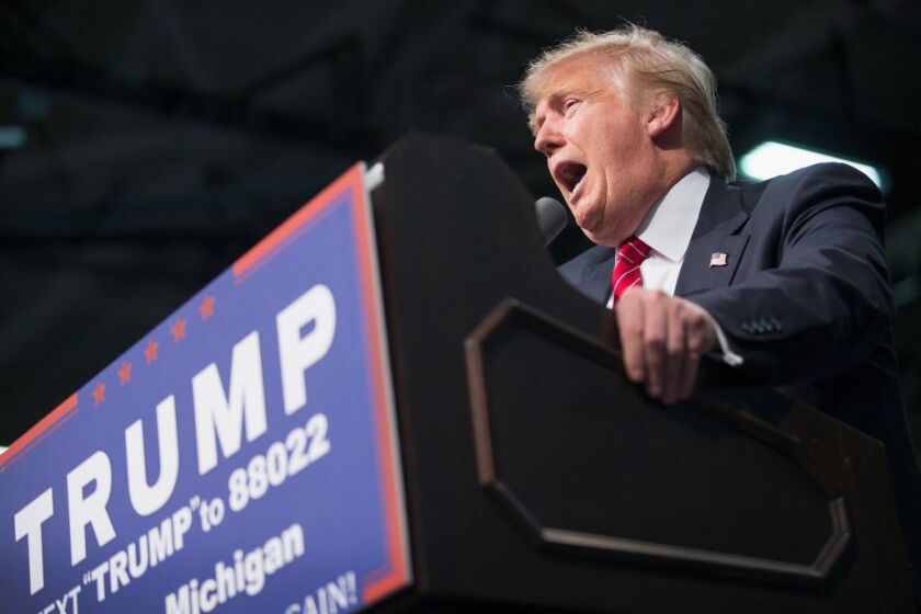 Donald Trump campaigning Friday at Macomb Community College in Warren, Michigan. Voters in Michigan will go to the polls Tuesday for the state’s primary. Getty Images