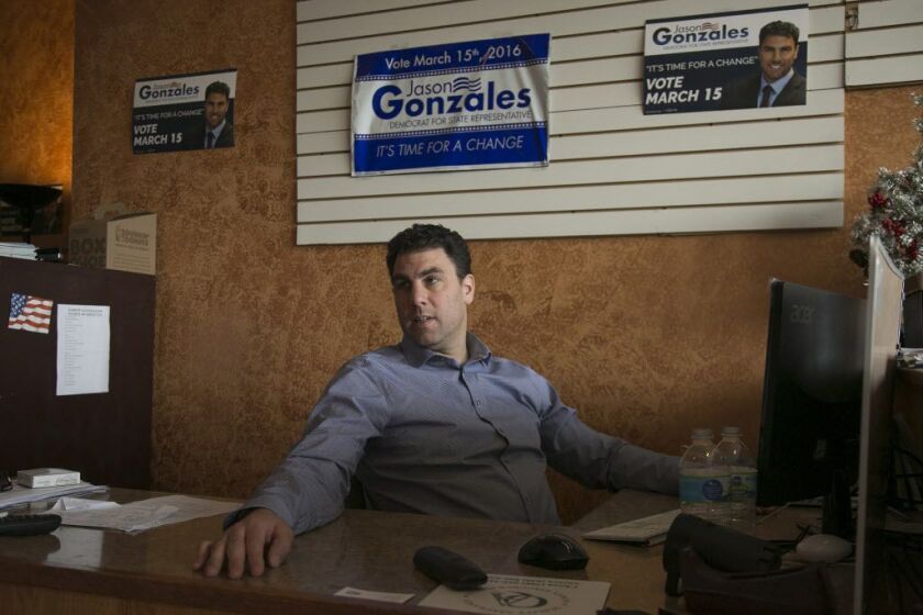 Jason Gonzales, who is challenging House Speaker Michael Madigan in the 2016 Democratic primary, fundraises in his Southwest Side office, Thursday, Feb. 25, 2016. | Ashlee Rezin/Sun-Times