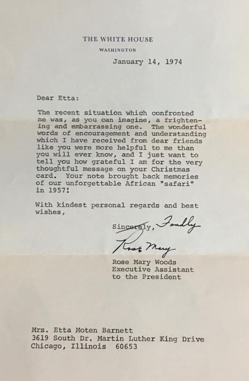 In this letter dated July 24, 1974, Rose Mary Woods, executive assistant to President Richard Nixon, writes to her friend Etta Moten Barnett about Watergate. The Supreme Court had just ordered Nixon to release the tape recordings, two months after the White House gave only edited transcripts to the House Judiciary Committee. Woods had to testify to the gap in the tapes.