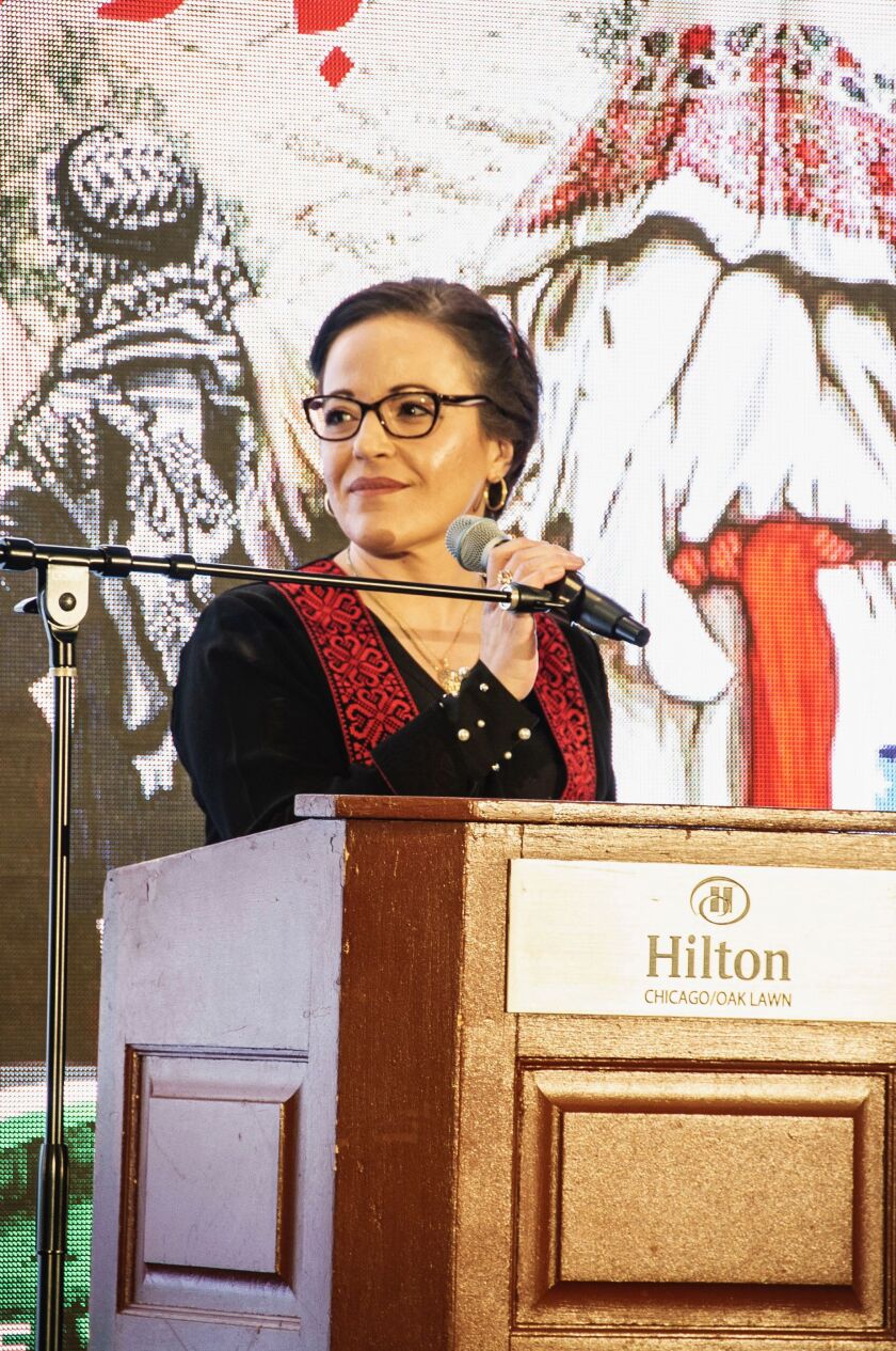 Ahlam Jbara speaks at a Nakba Day event hosted by the Palestinian American Center in Oak Lawn in 2019.