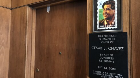 A plaque inside the Post Office in Pilsen honoring late labor leader Cesar Chavez. February 7, 2020.