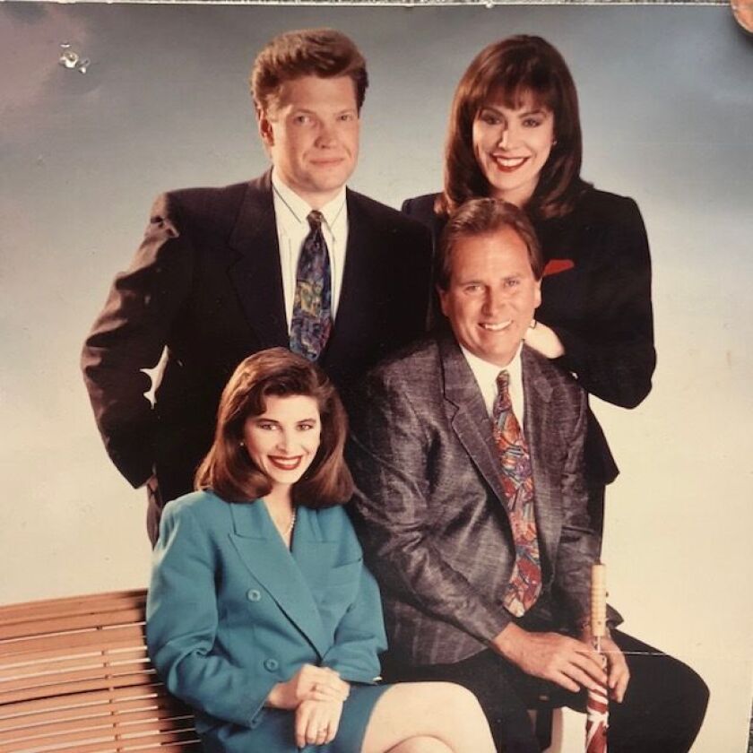 Kathy Brock (lower left) is pictured in 1990 with the WLS-Channel 7 morning news team, including (clockwise from top left) Alan Krashesky, Roz Varon and Jerry Taft. | ABC