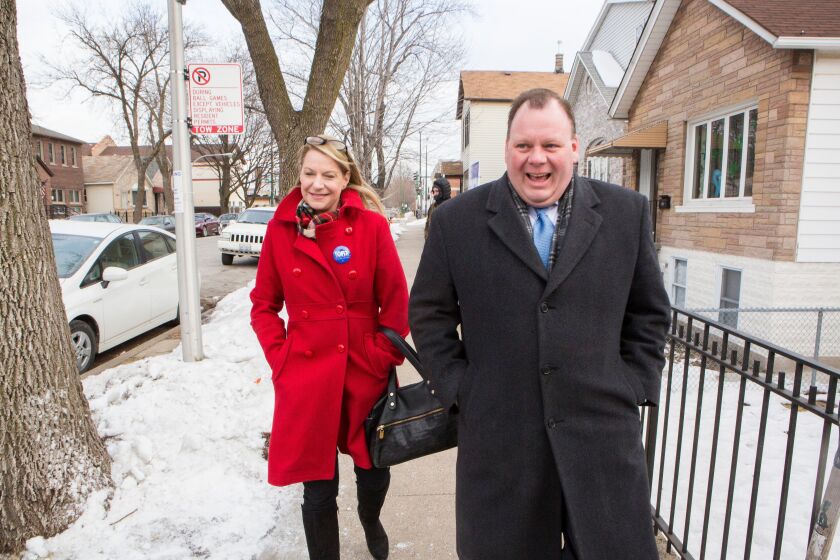 11th ward alderman candidate Patrick D. Thompson and his wife Katie going to vote at the Hamburg Athletic Association in Bridgeport, Tuesday, February 24th. | James Foster for Sun-Times Media