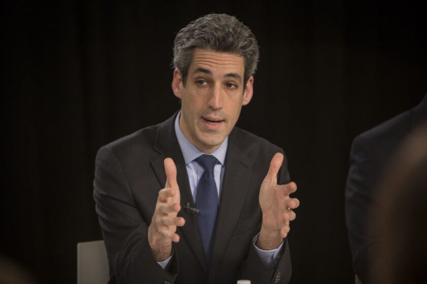 State Sen. Daniel Biss makes a point in the forum with the Chicago Sun-Times Editorial Board Wednesday, Jan. 17, 2018. | Rich Hein/Sun-Times