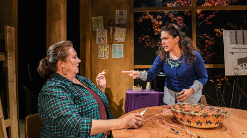 (left to right) Ensemble Members Kirsten Fitzgerald and Sadieh Rifai in A Red Orchid Theatre ’ s world premiere of “The Targeted.”