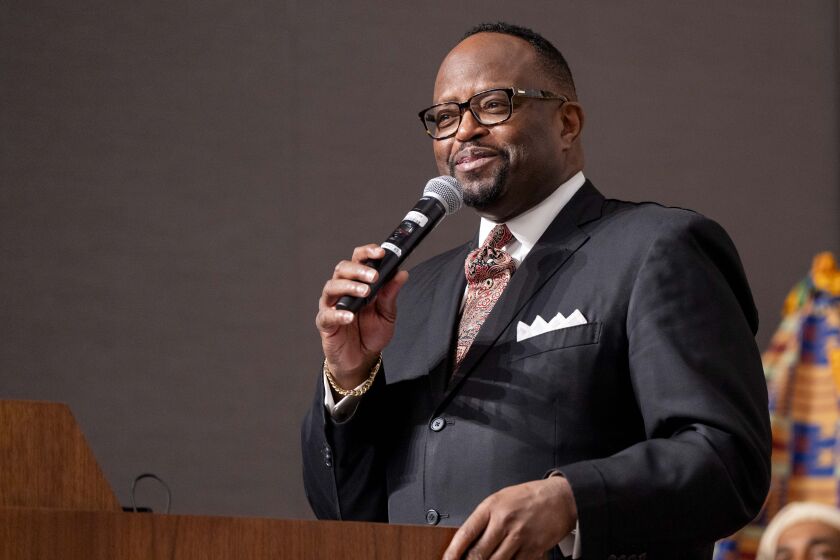 David Sanders, president of Malcolm X College, speaks during a celebration of the first day of Kwanzaa at Malcolm X College on the Near West Side, Tuesday, Dec. 26, 2023. 