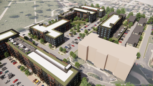 Aerial view of the four mid-rise buildings that will replace the White Eagle.