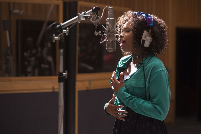 Aspiring singer Courtney Clarke (Jennifer Hudson) lets loose her powerful vocals in this scene from the Netflix romantic comedy “Sandy Wexler.” | NETFLIX