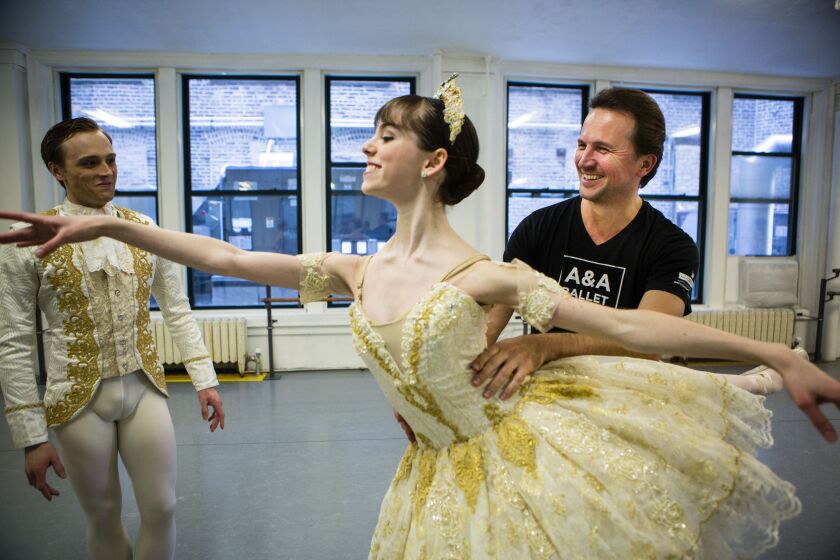 Choreographer Alexei Kremnev with dancers Grace Curry and Michael Sayre during a rehearsal of the A&A Ballet Company’s production of “Sleeping Beauty,” Tuesday, April 16, 2019. | James Foster/For the Sun-Times