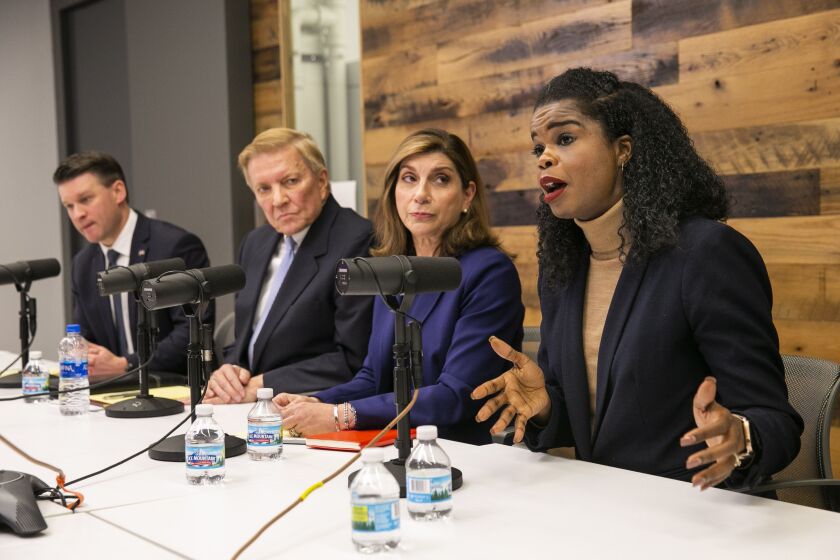 Democratic candidates for Cook County state’s attorney Bill Conway, Bob Fioretti, Donna More and incumbent Kim Foxx.