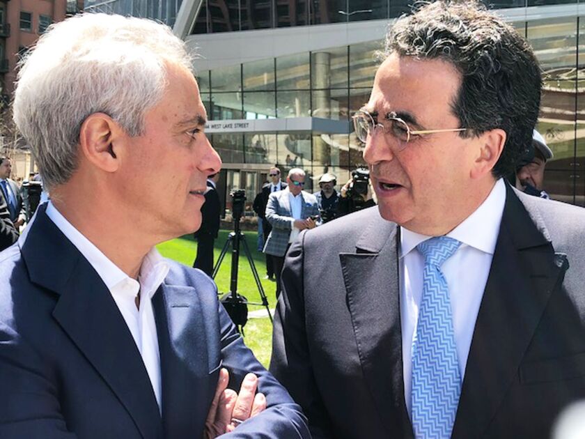 Mayor Rahm Emanuel with architect Santiago Calatrava in May 2018 at the unveiling of the design for a new sculpture by Calatrava to be installed along the Chicago River.