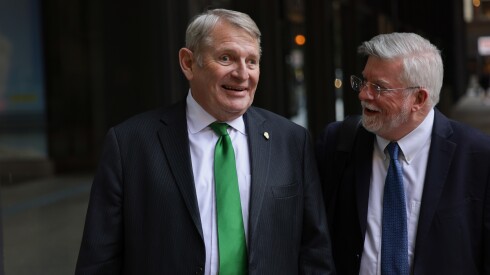Michael McClain walks outside the Dirksen Federal Courthouse with his lawyer, Patrick Cotter, on Wednesday, October 9, 2024.
