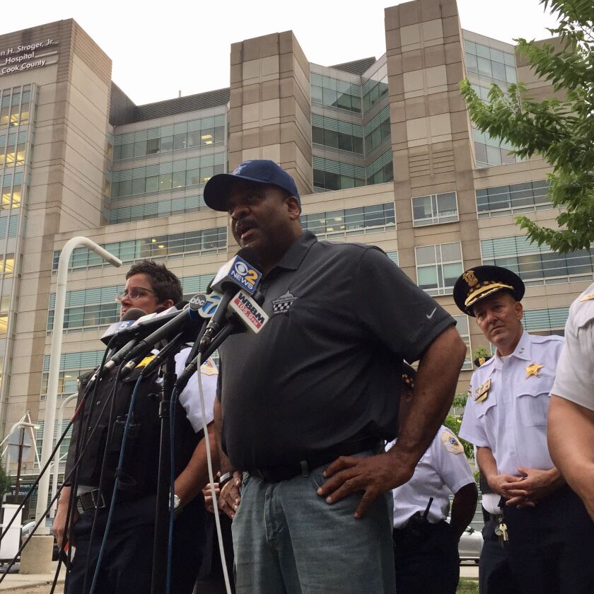 Chicago Police Supt. Eddie Johnson addresses reporters outside Stroger Hospital after an officer was shot in the Back of the Yards Friday afternoon. | Sam Charles/Sun-Times