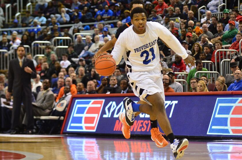 Proviso East’s Sterling Brown moves the ball down court against Edwardsville.