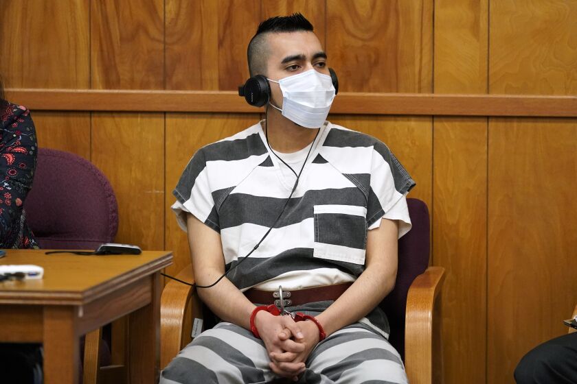 Cristhian Bahena Rivera listens to proceedings during his sentencing, Monday, Aug. 30, 2021, at the Poweshiek County Courthouse in Montezuma, Iowa. Rivera was sentenced to life in prison for the stabbing death of college student Mollie Tibbetts, who was abducted as she was out for a run near her small eastern Iowa hometown in July of 2018.
