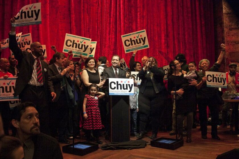Mayoral candidate Jesus “Chuy” Garcia addressed supporters at Alhambra Palace Restaurant after learning he will face Mayor Rahm Emanuel in an April runoff. | Ashlee Rezin/for Sun-Times Media