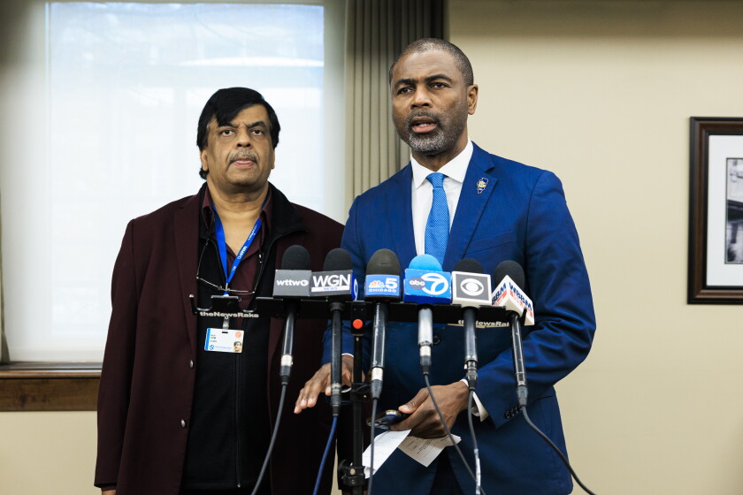State Rep. La Shawn K. Ford (right) speaks about the future of the hospital alongside Resilience Healthcare CEO Manoj Prasad during press conference to answer questions about the hospitals closure on April 1, 2026.