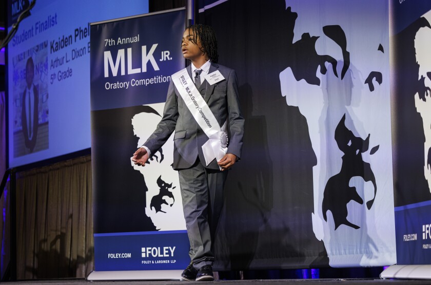 Kaiden Phelps presents his speech during the 7th annual MLK Jr. Oratory Competition at The Duke Hotel.