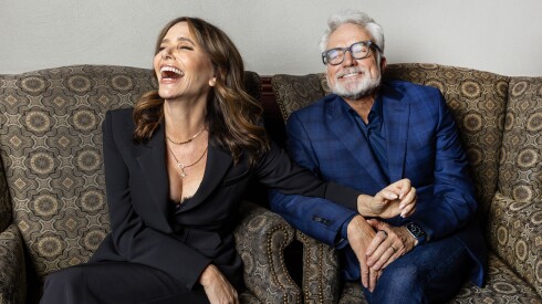 Filmmaker and star Amy Landecker poses with her husband, co-star and producer Bradley Whitford, during the "For Worse" Chicago Premiere at the Music Box Theatre’s lounge on the North Side, Thursday, March 5, 2026. | Barry Brecheisen/For the Sun-Times