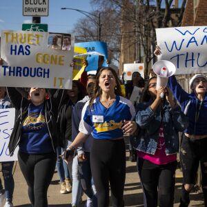 Ella Wong (center), a student at Lincoln Park High School, leads a march around the block after dozens of students walked out of class in protest, Monday morning, Feb. 3, 2020. Chicago Public Schools suspended the school’s varsity boys basketball team for the rest of the season, re-assigned the basketball coach Donovan Robinson, and fired the interim principal John Thuet and assistant principal Michelle Brumfield, due to misconduct allegations.