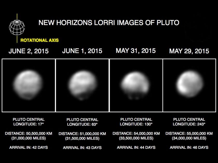 This image made available by NASA/Johns Hopkins University Applied Physics Laboratory/Southwest Research Institute on June 11, 2015 shows four computer-enhanced views of Pluto, taken by New Horizons’ Long Range Reconnaissance Imager (LORRI).