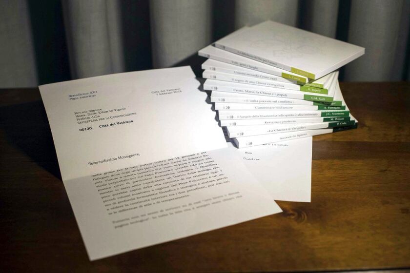 A letter by retired Pope Benedict is seen in this photo released on March 13, 2018 that the Vatican admitted was doctored, by blurring its final two lines, where retired Pope Benedict begins to acknowledge that he didn’t read an 11-volume set of books abo