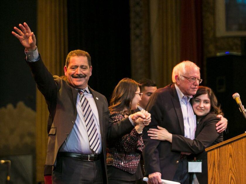 Left to right: Cook County Commissioner Jesus “Chuy” Garcia, Alma Anaya, candidate for Cook County Commissioner, U.S. Sen. Bernie Sanders and Delia Ramirez, candidate for Illinois sate representative, at campaign rally in February. File Photo. | Ashlee Re