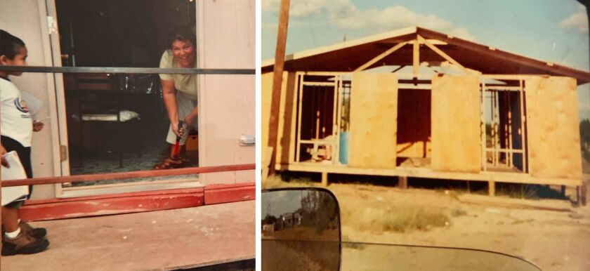 Ismael Perez, Norma’s youngest son, at left, watches her work on the house she built in 2004 while her kids were at school.