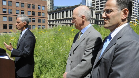 Mayor Rahm Emanuel at a press conference at the rooftop of City Hall promoting business in the city. Deputy Mayor Mark Angelson (center) and Michael Sacks (right), Vice Chairman World Business Chicago.