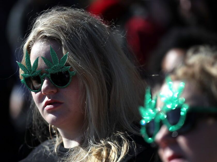 A marijuana user wears marijuana leaf glasses during a 420 Day celebration on ‘Hippie Hill’ in Golden Gate Park on April 20, 2018 in San Francisco, California. (File Photo by Justin Sullivan/Getty Images)